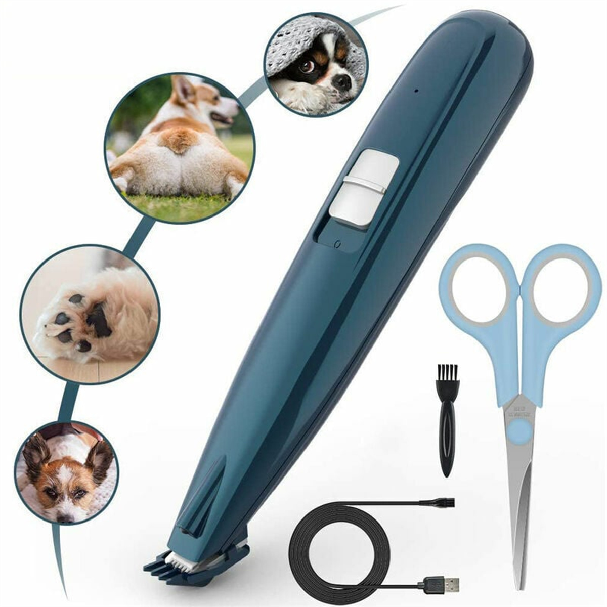 Tierpflege-Set mit Trimmer, Schere und Bürste, zusammen mit Bildern von Hunden.