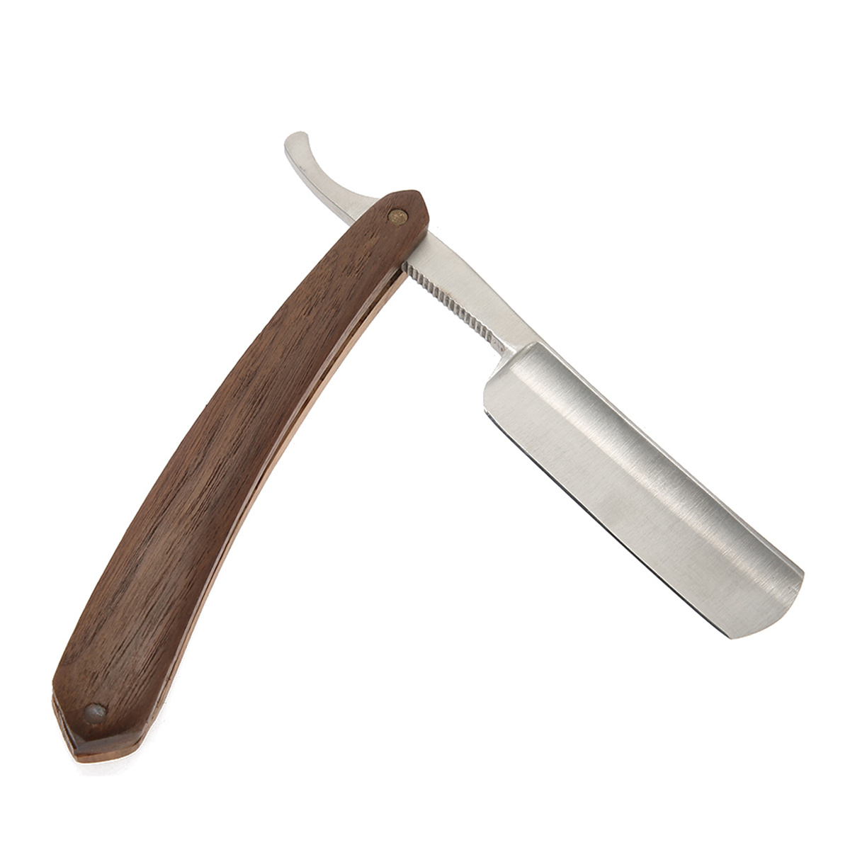 Offenes Rasiermesser mit braunem Holzgriff und silberner Klinge. Weißer Hintergrund.