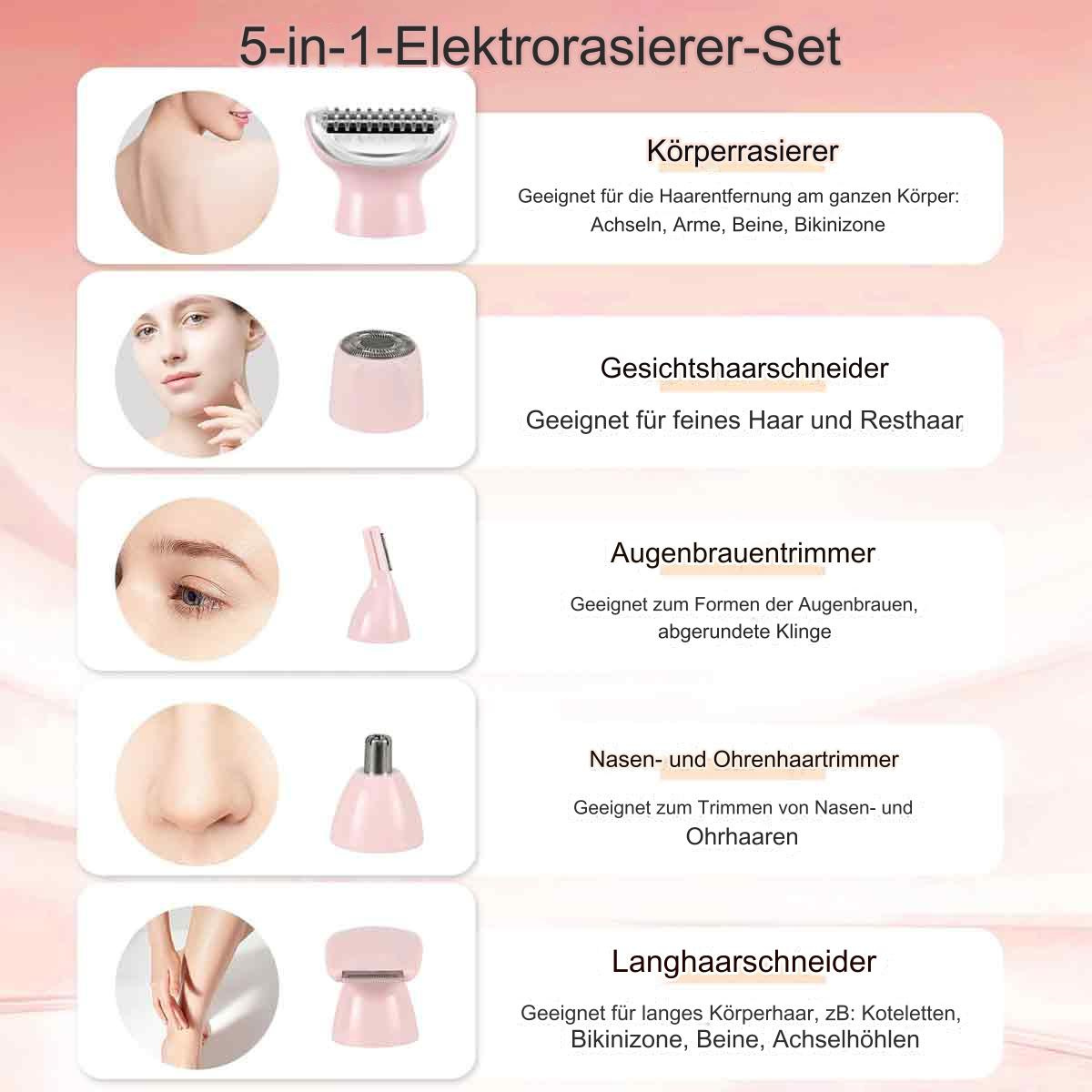 Ein Set von Pflege-Werkzeugen, einschließlich Rasierer, Haarschneider, Augenbrauentrimmer.
