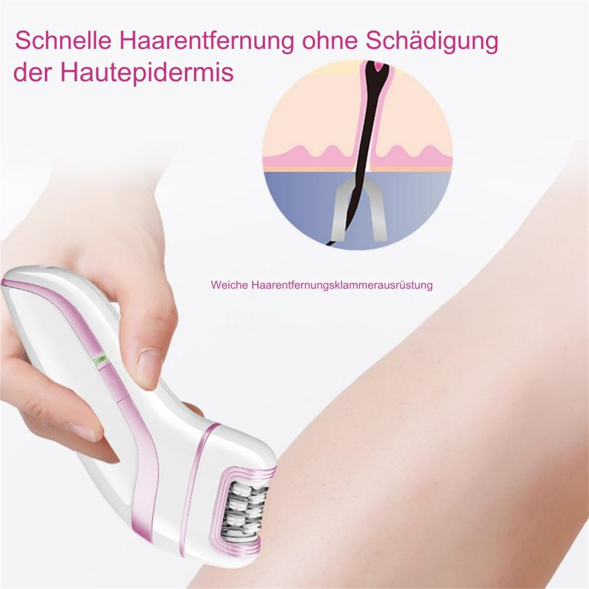 Eine Hand benutzt einen Epilierer am Arm, mit einer Abbildung der Haarentfernung.