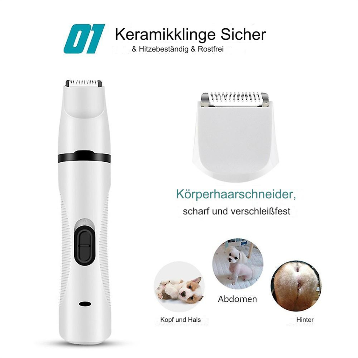 Weißer Haarschneider für Haustiere, Klinge und Bilder eines Hundes und seiner Teile. Text: 'Keramikklinge sicher'.