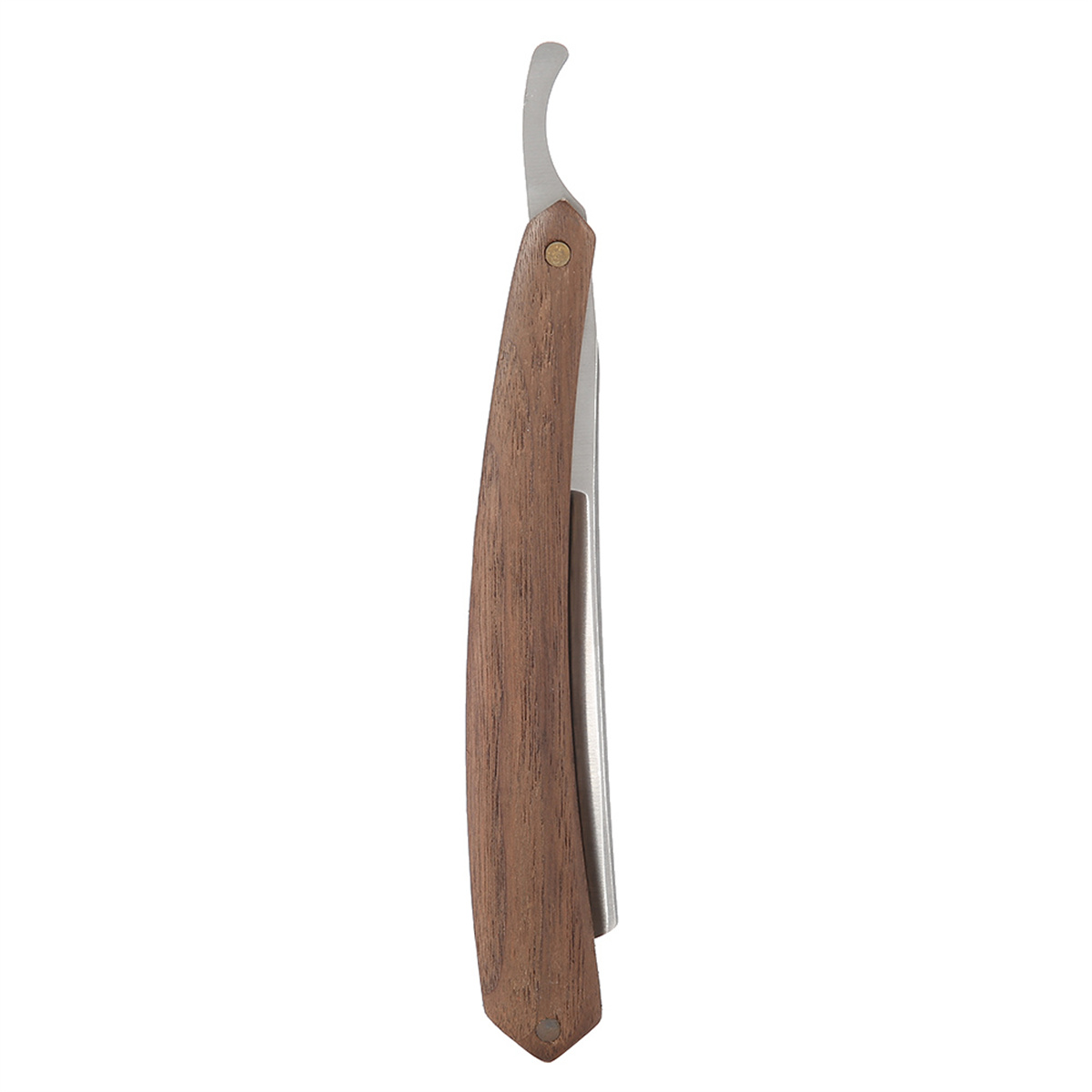 Offenes Rasiermesser mit Holzgriff, Klinge nach oben, isoliert auf Weiß.