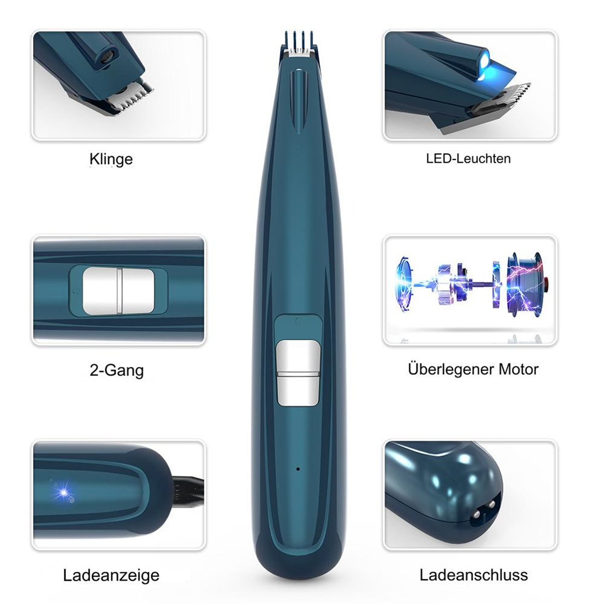 Blauer Haarschneider, zerlegte Teile gezeigt. Weißer Hintergrund. Diagramme und Text.