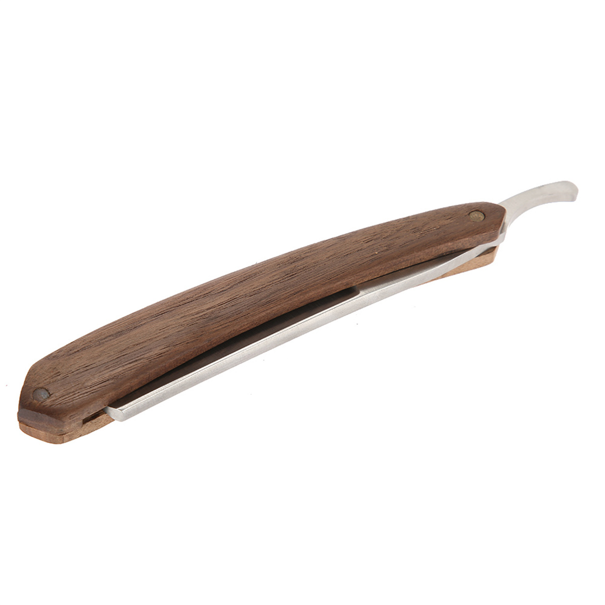Ein Rasiermesser mit Holzgriff ist geöffnet und zeigt die Klinge.