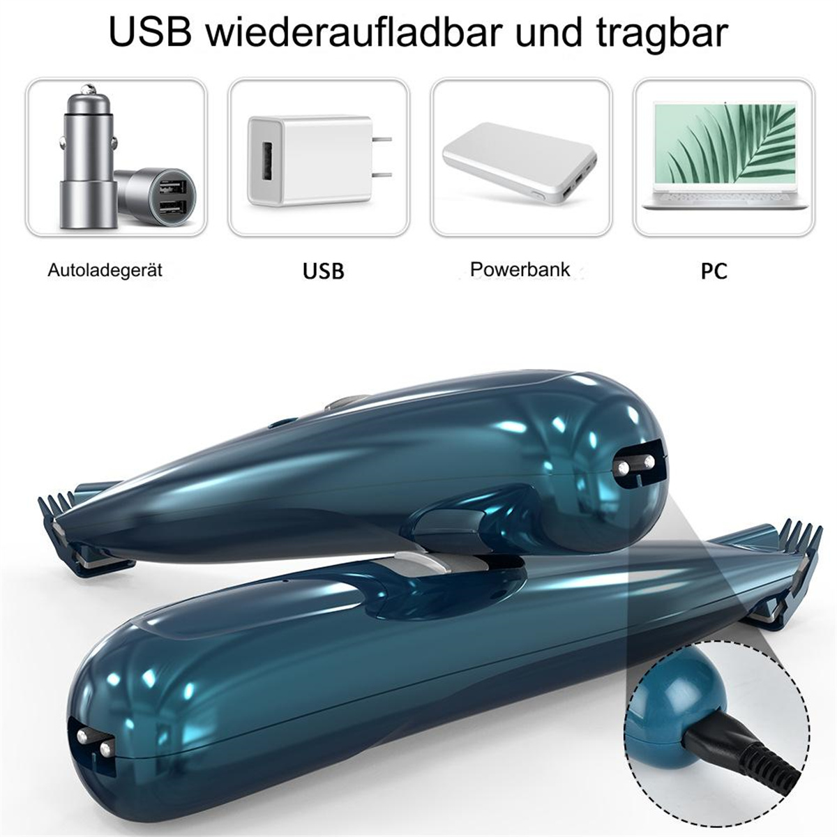 Zwei blaue Haarschneidemaschinen, Ladegerät, Powerbank, USB-Adapter. Artikel auf weißer Oberfläche angezeigt.