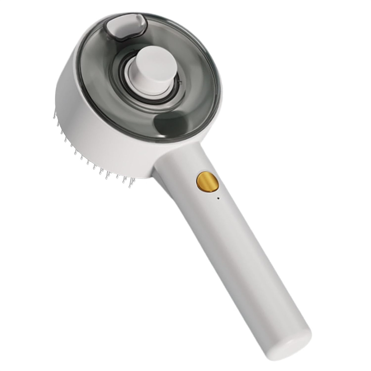 Weiße und graue Haustierbürste mit Griff und Knopf. Die Bürste hat Metallstifte.