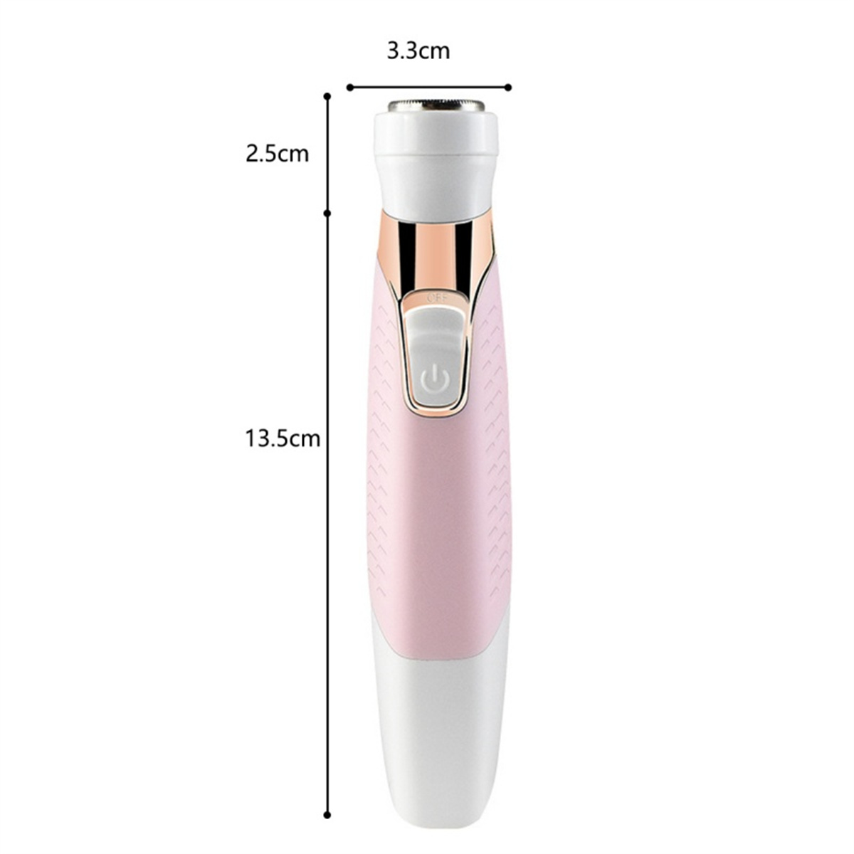 Rosa und weißer Elektrorasierer. Abmessungen: 13,5 cm Länge, 2,5 cm Breite, und 3,3 cm Kopf.