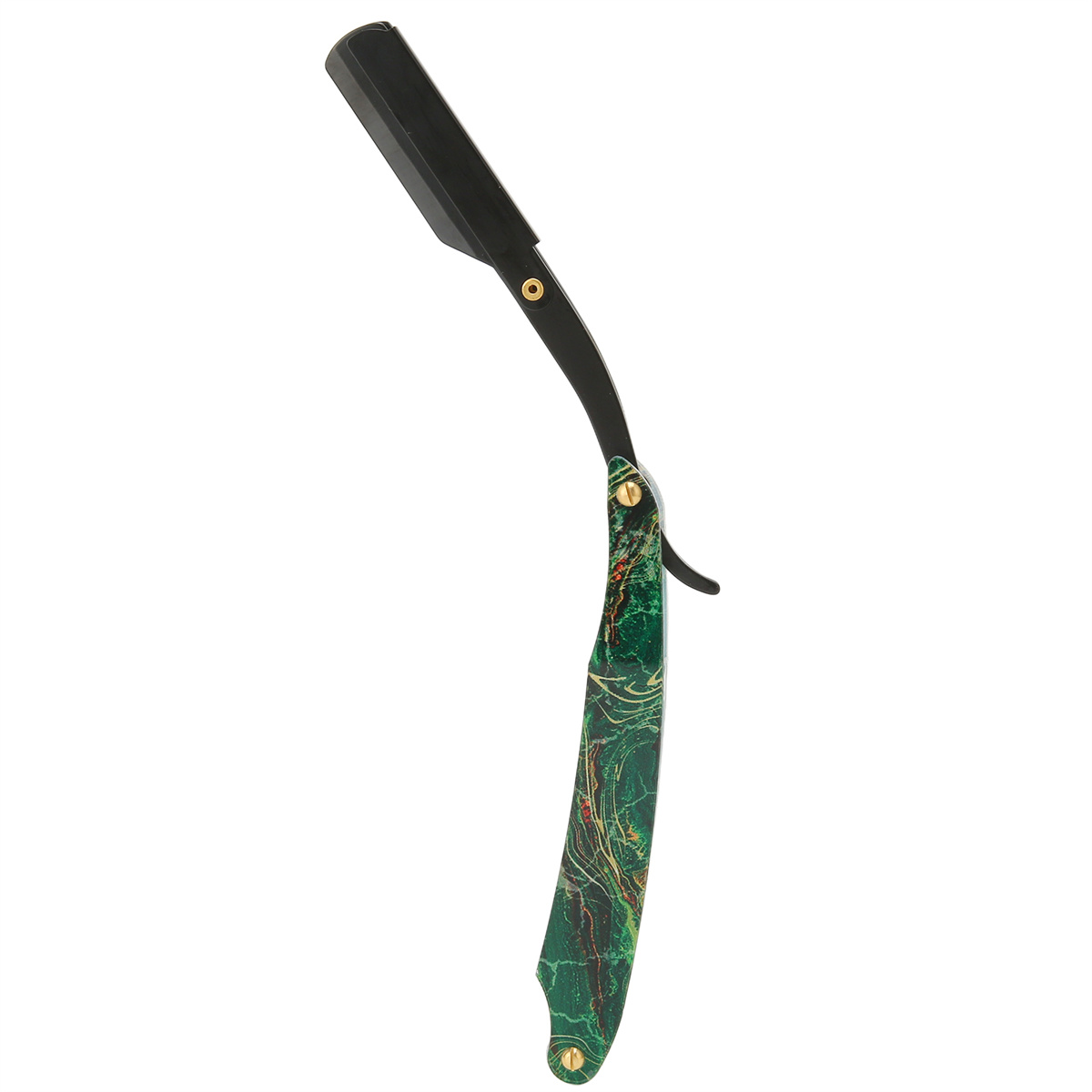 Ein Rasiermesser mit schwarzem Griff und grünem Marmordesign. Die Klinge ist geöffnet.
