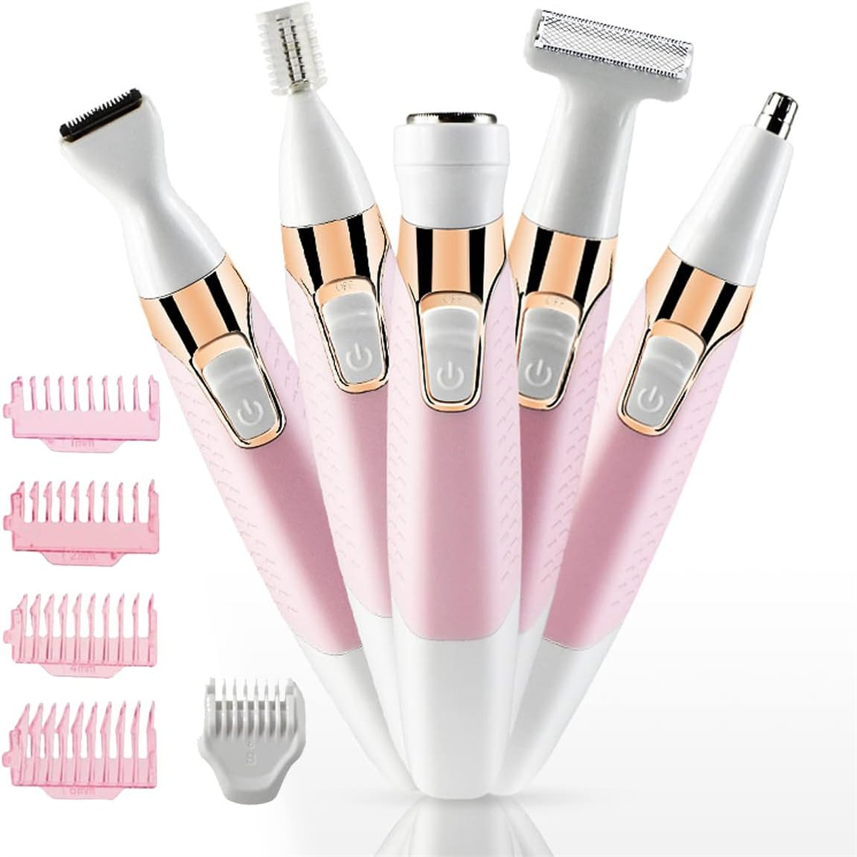 Fünf rosa-weiße elektrische Rasierer mit verschiedenen Köpfen und zusätzlichen Trimmeraufsätzen.