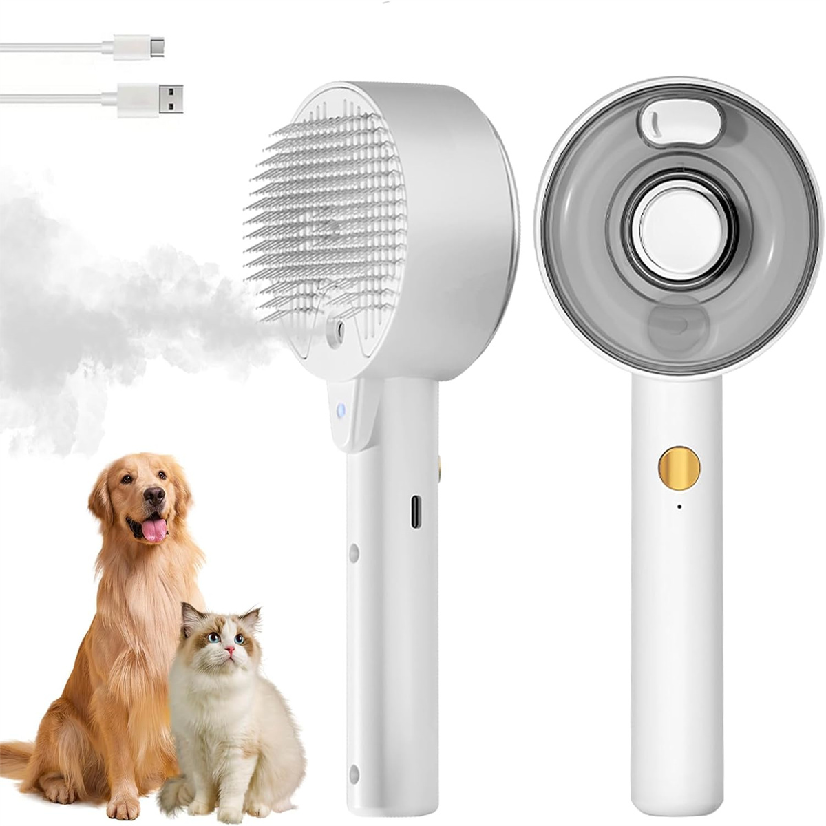 Eine weiße Tierpflegebürste und ein Golden Retriever und eine Katze. Zwei USB-Kabel sind ebenfalls vorhanden.