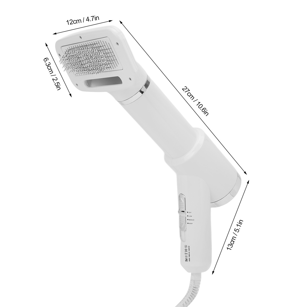 Weißer Haustiertrockner mit Abmessungen. 27 cm Länge, 12 cm Breite, 6,3 cm Bürstenbreite, 13 cm Grifflänge.