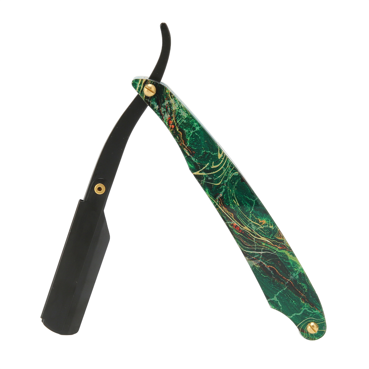 Ein offenes Rasiermesser mit einem grün-gold gemusterten Griff und einer schwarzen Klinge.