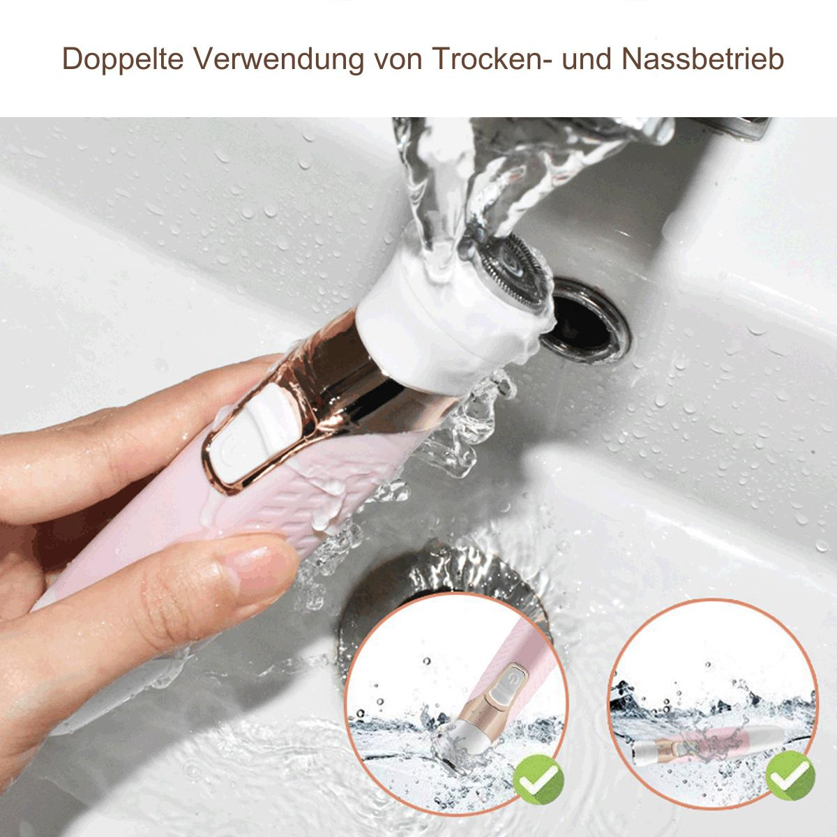 Ein rosa Elektrorasierer unter fließendem Wasser in einem weißen Waschbecken, mit zwei Häkchen.