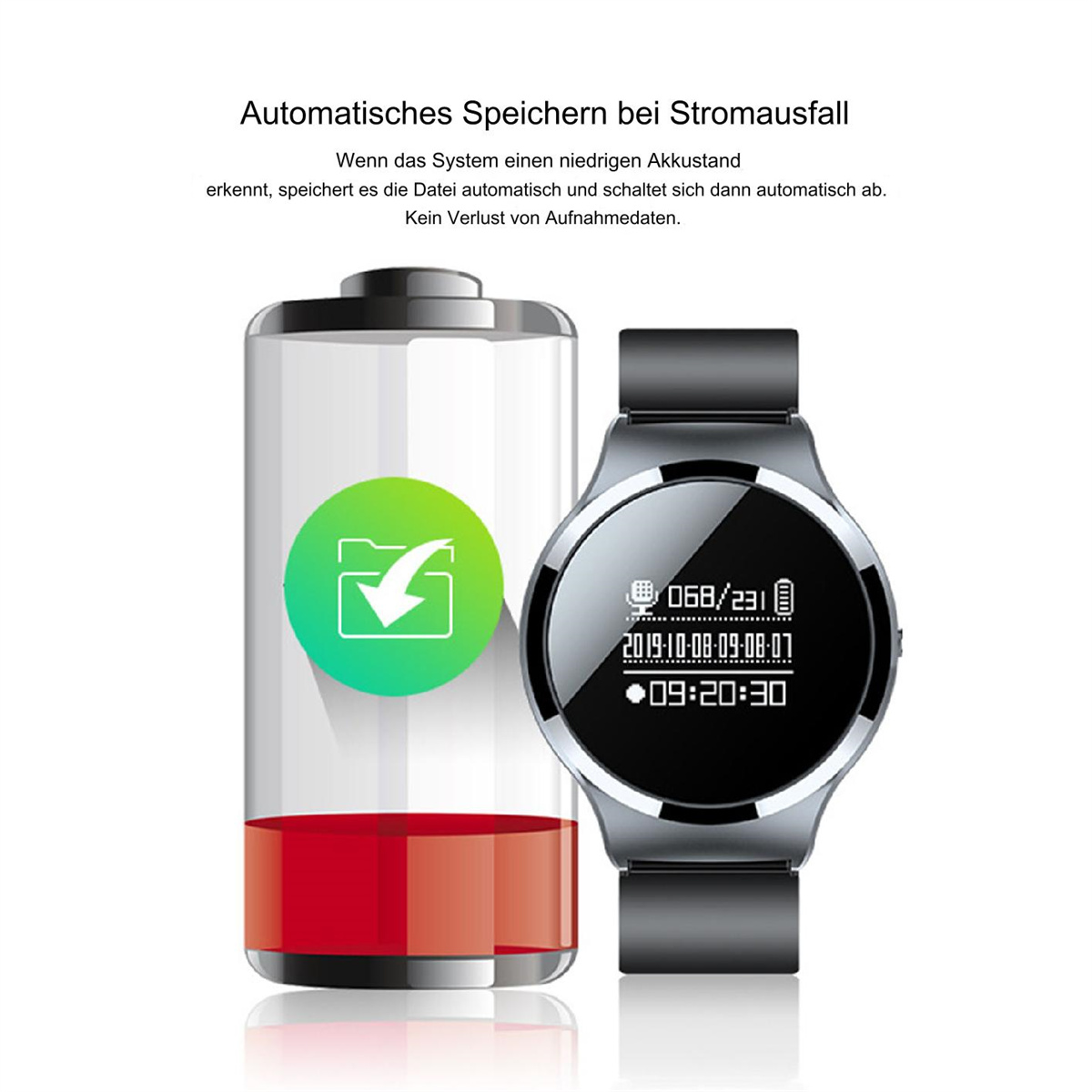 Eine Smartwatch mit Akku und Häkchen-Symbol, zeigt Uhrzeit und Datum.