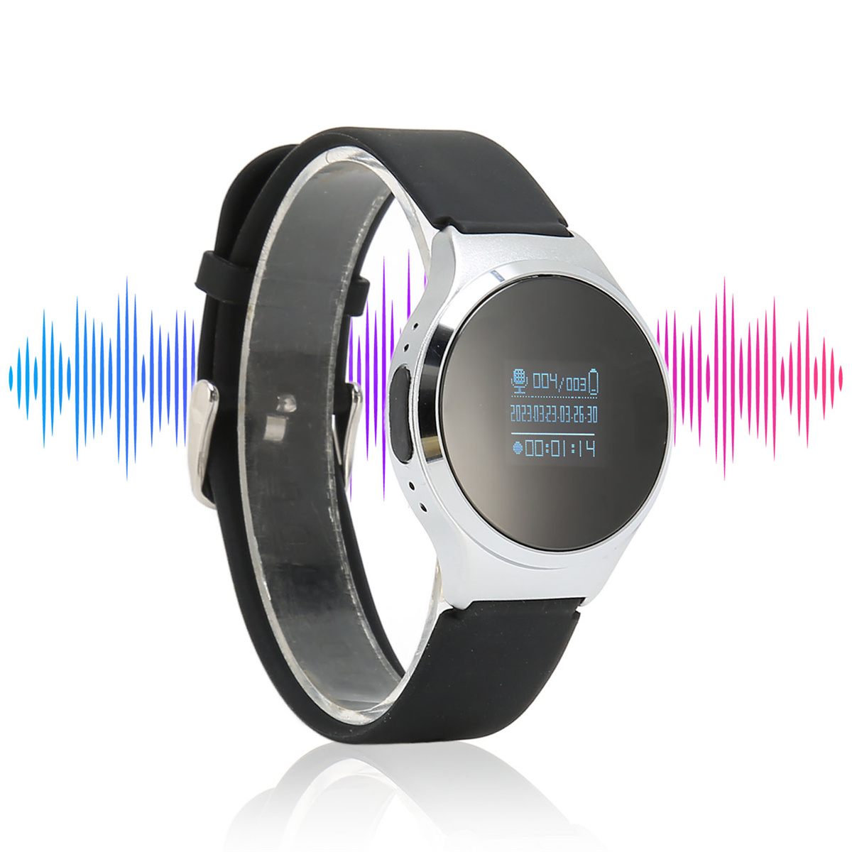 Silberne und schwarze Smartwatch mit Datenanzeige und Visualisierung von Schallwellen. Schwarzes Armband. Weißer Hintergrund.