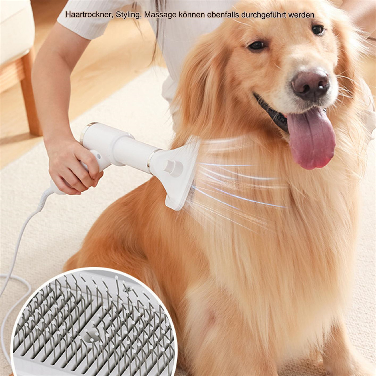 Person pflegt Golden Retriever mit weißer Haustier-Fönbürste, Nahaufnahme der Bürste.
