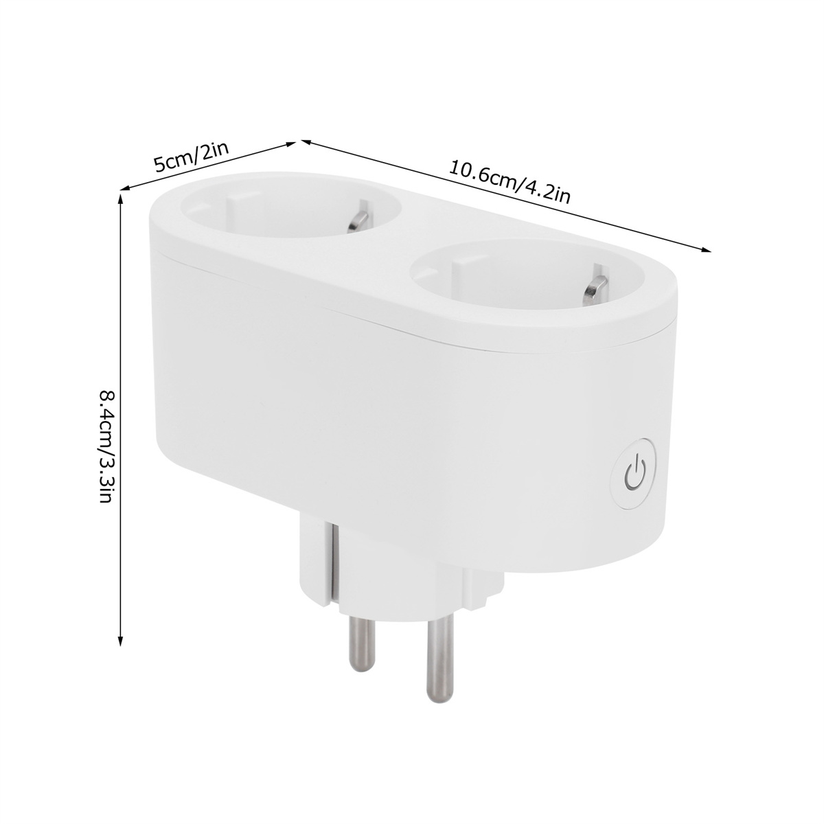 Weißer Netzadapter mit zwei Steckdosen, Abmessungen gezeigt. Weißer Hintergrund.