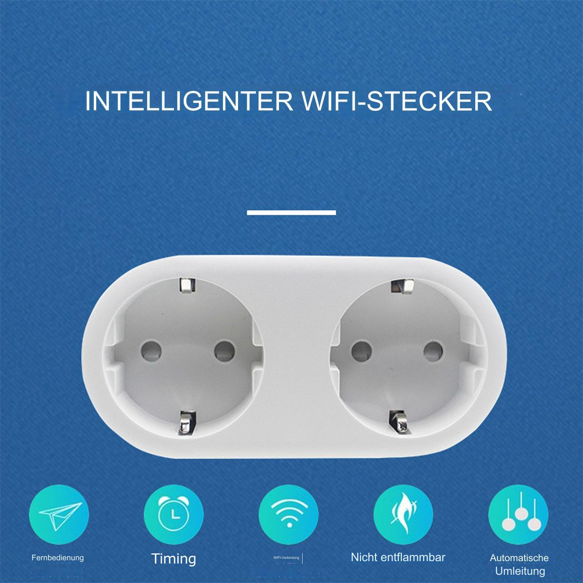 Weißer Smart Plug mit zwei Steckdosen, darunter Symbole: Fernbedienung, Timing, WLAN, nicht brennbar, automatisch.