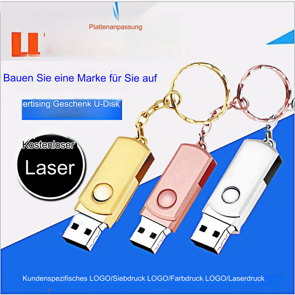 Drei USB-Sticks an Schlüsselanhängern. Jeder hat eine andere Farbe: Gold, Roségold und Silber.