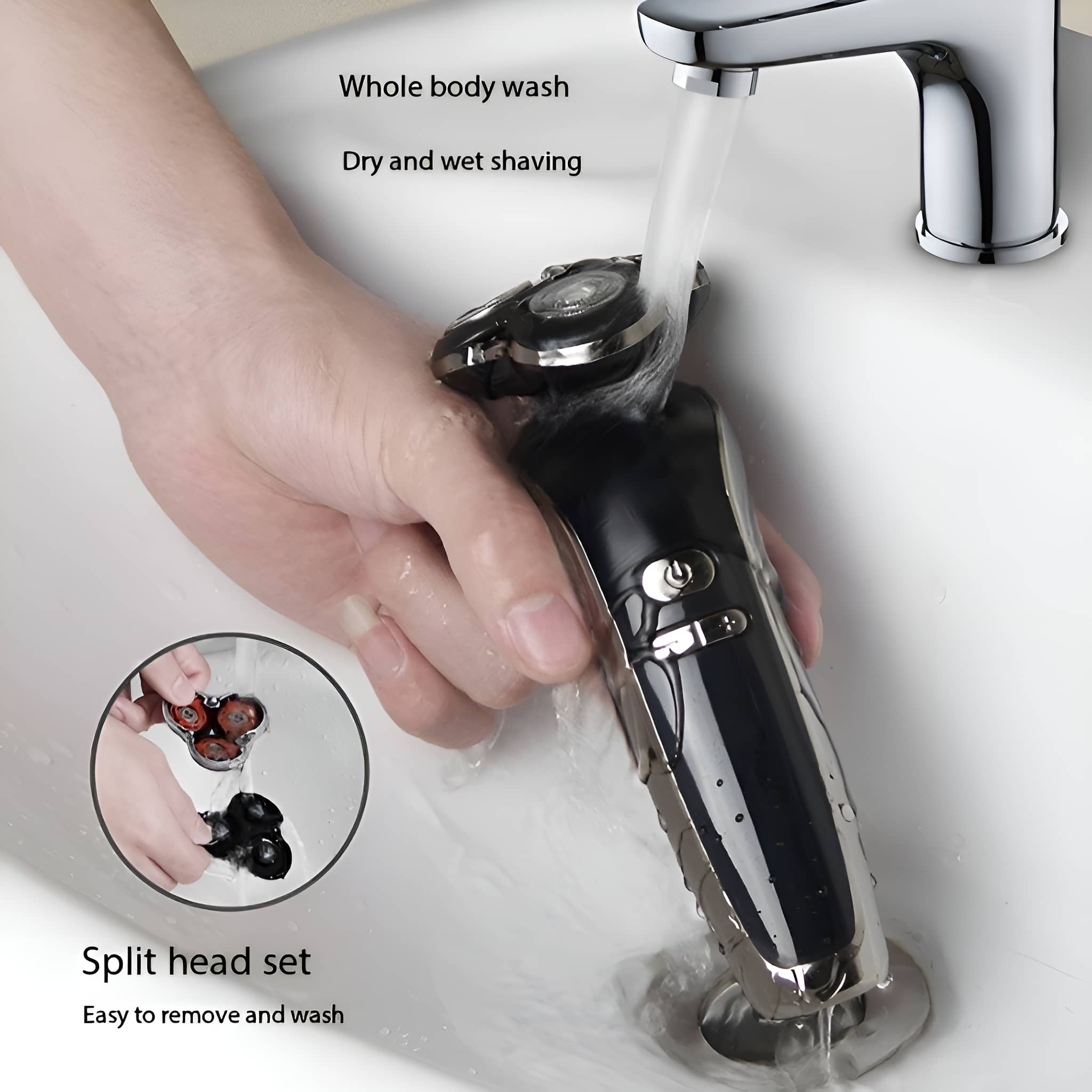Ein schwarzer und silberner Rasierer wird unter einem Wasserhahn in einem weißen Waschbecken gespült.
