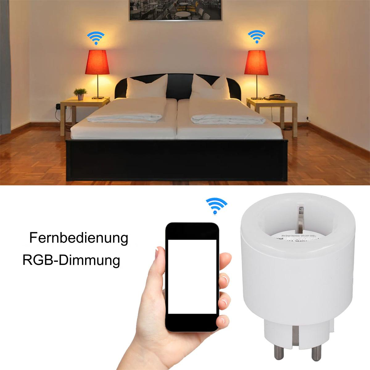 Schlafzimmer mit Bett, Lampen und Smart-Stecker. Telefon steuert Lichter mit WLAN-Symbol.