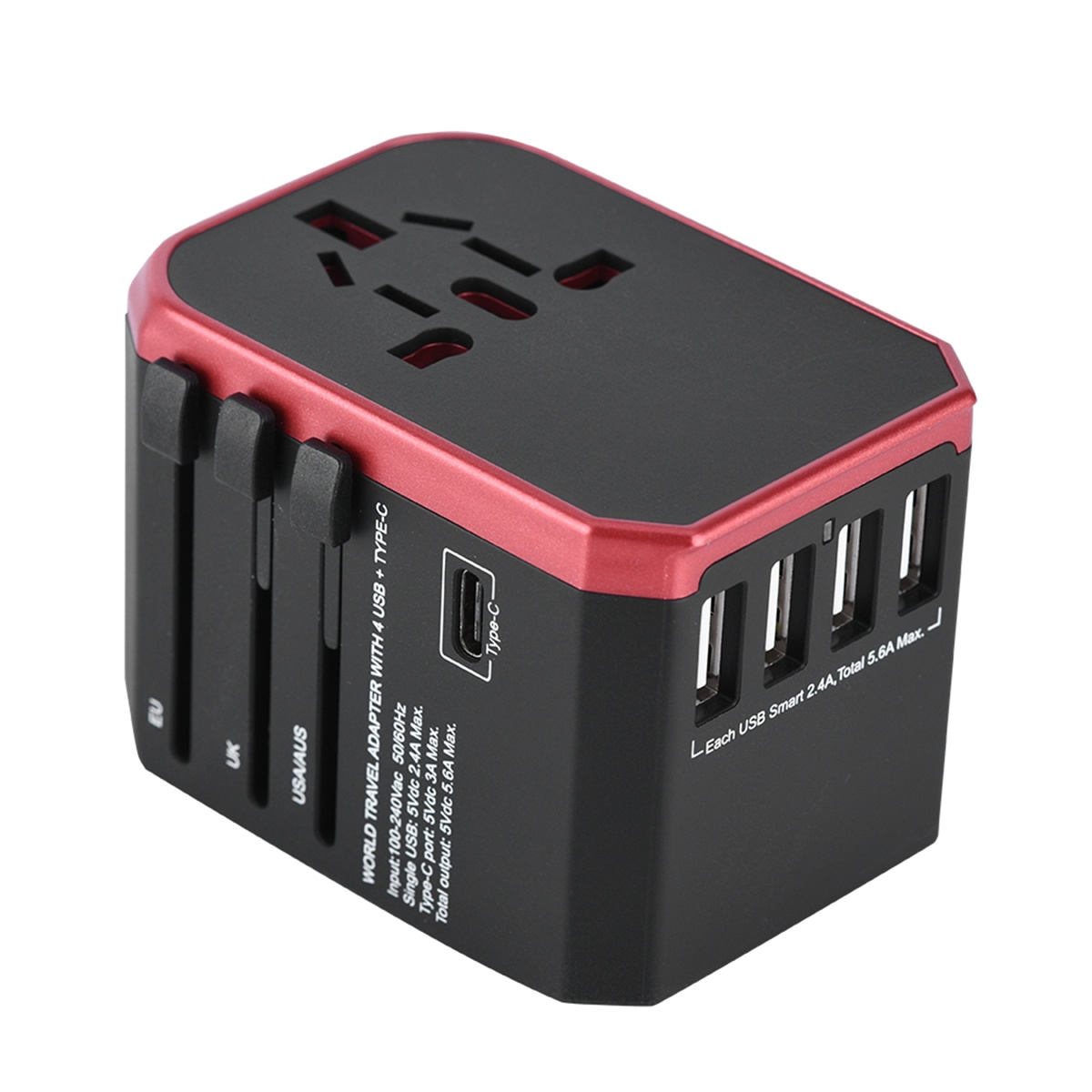 Schwarzer und roter Weltreiseadapter mit mehreren USB-Anschlüssen und einem Typ-C-Anschluss.