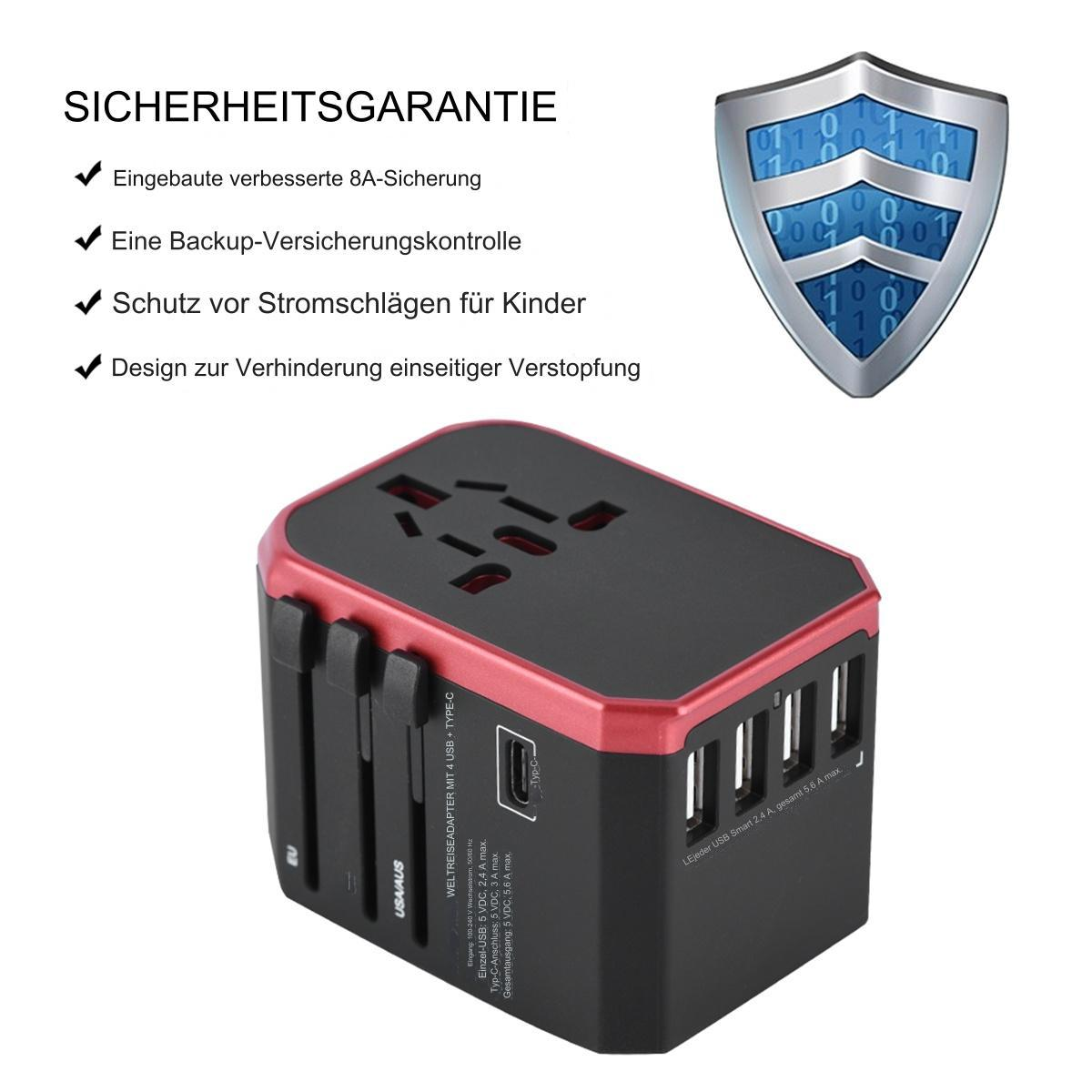 Schwarzer und roter Reiseadapter mit USB-Anschlüssen und blauem Schild.