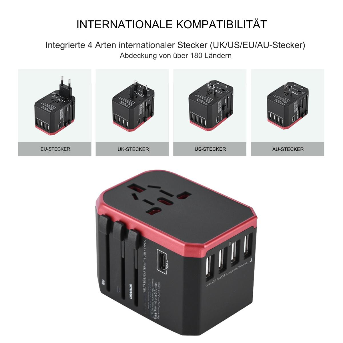 Internationaler Reiseadapter mit mehreren Steckern. Schwarz-rotes Farbschema.