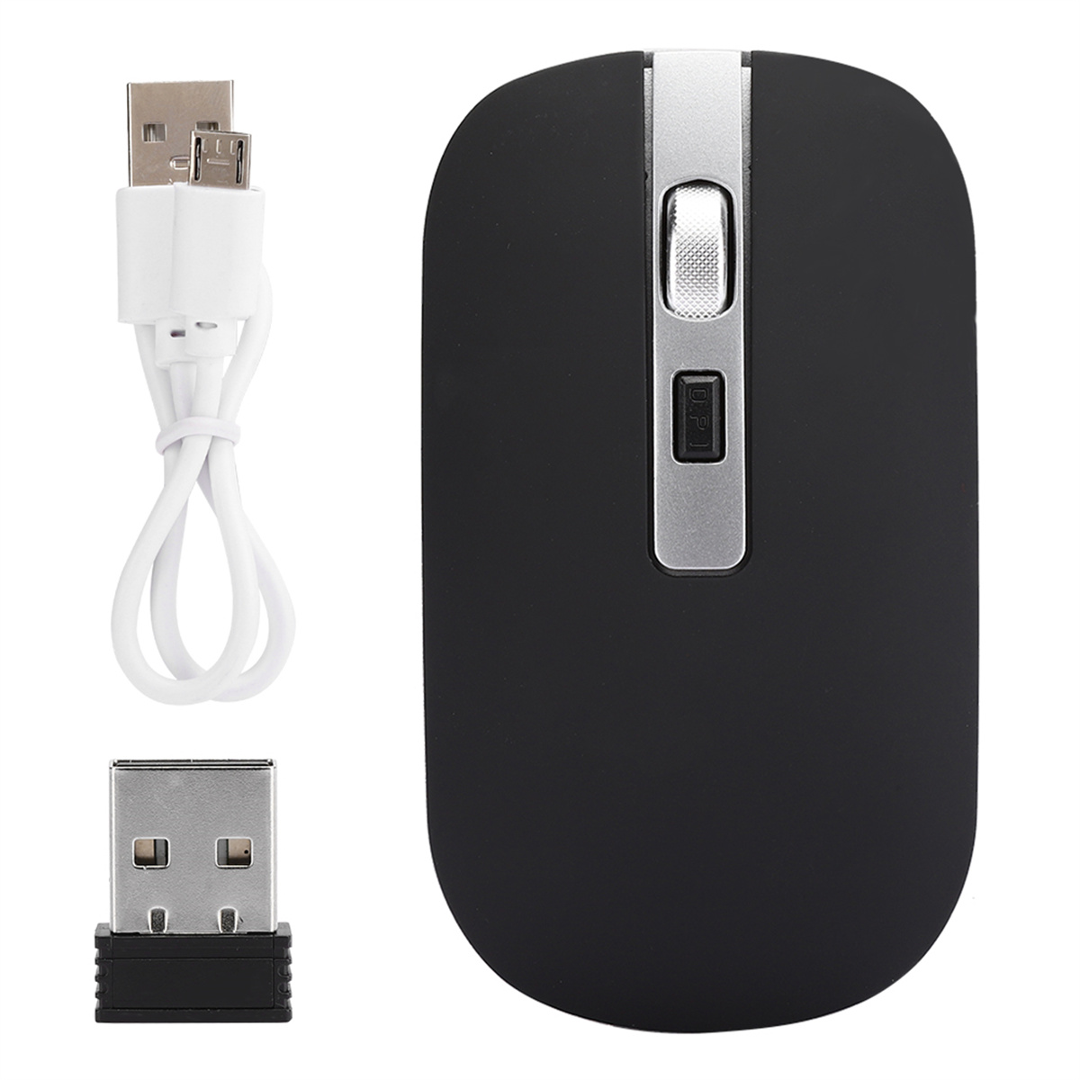 Schwarze kabellose Maus mit USB-Empfänger, Ladekabel und USB-Adapter. Silbernes Scrollrad und DPI-Taste.