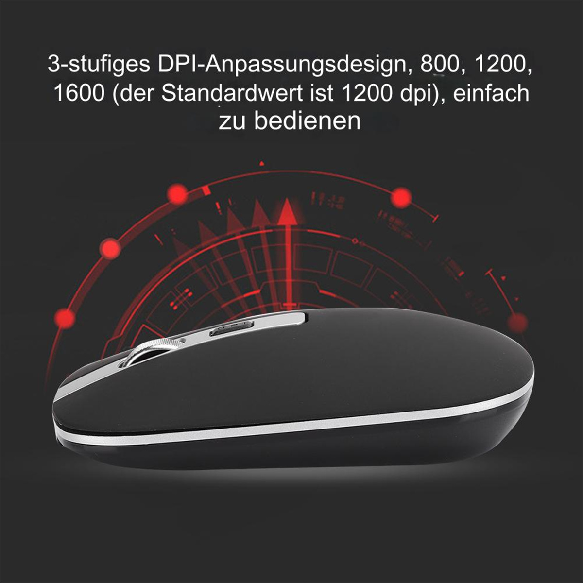 Schwarze Computermaus mit Text, der DPI-Anpassungen beschreibt, und rotem Grafik-Hintergrund.