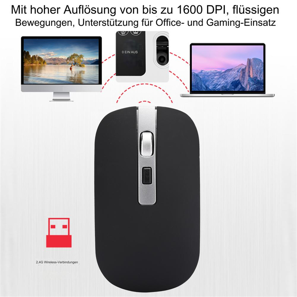 Schwarze Maus mit Scrollrad, USB-Anschluss, Illustrationen verbundener Geräte.
