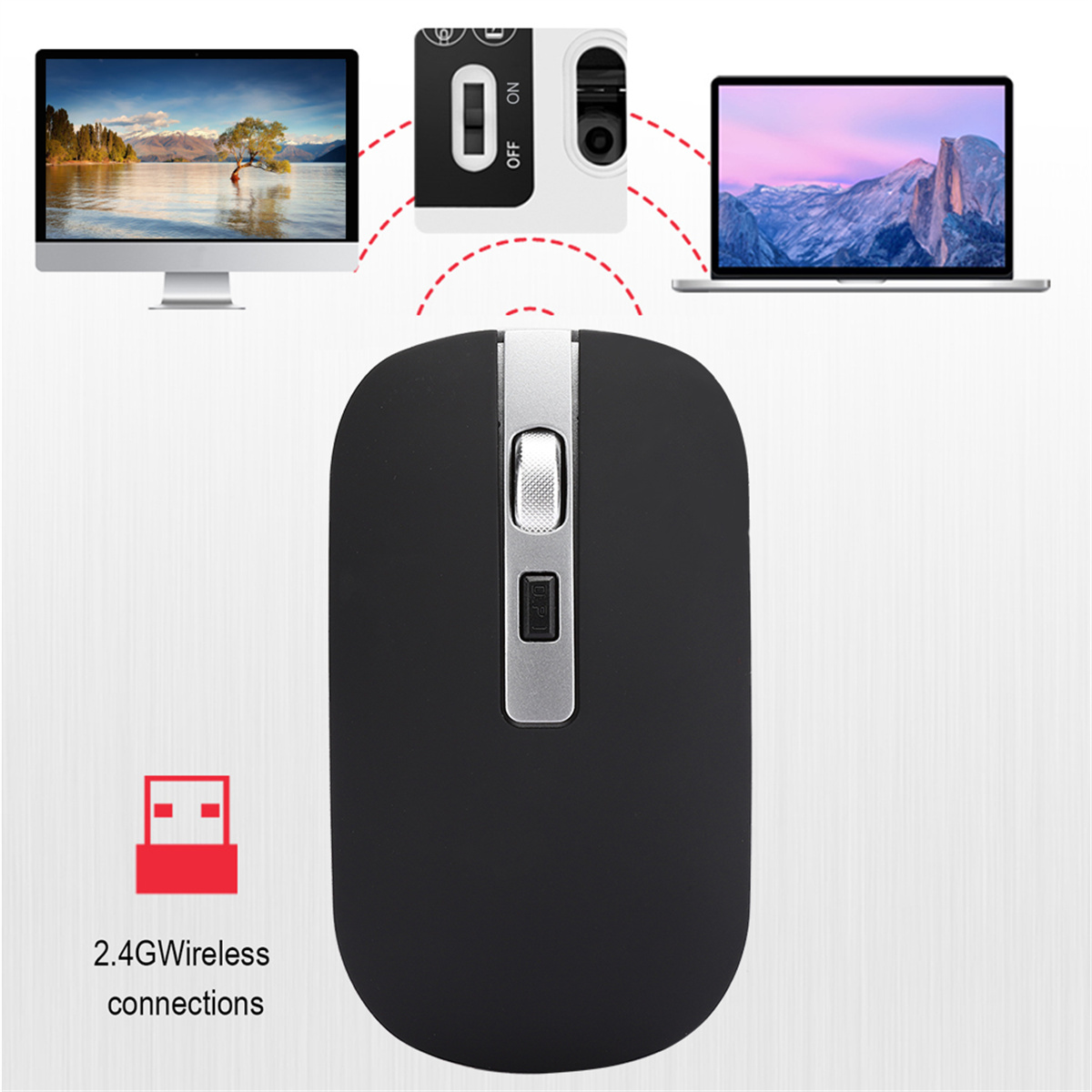 Schwarze Maus mit silbernen Akzenten. Verbindung zu Geräten über 2,4G Wireless.