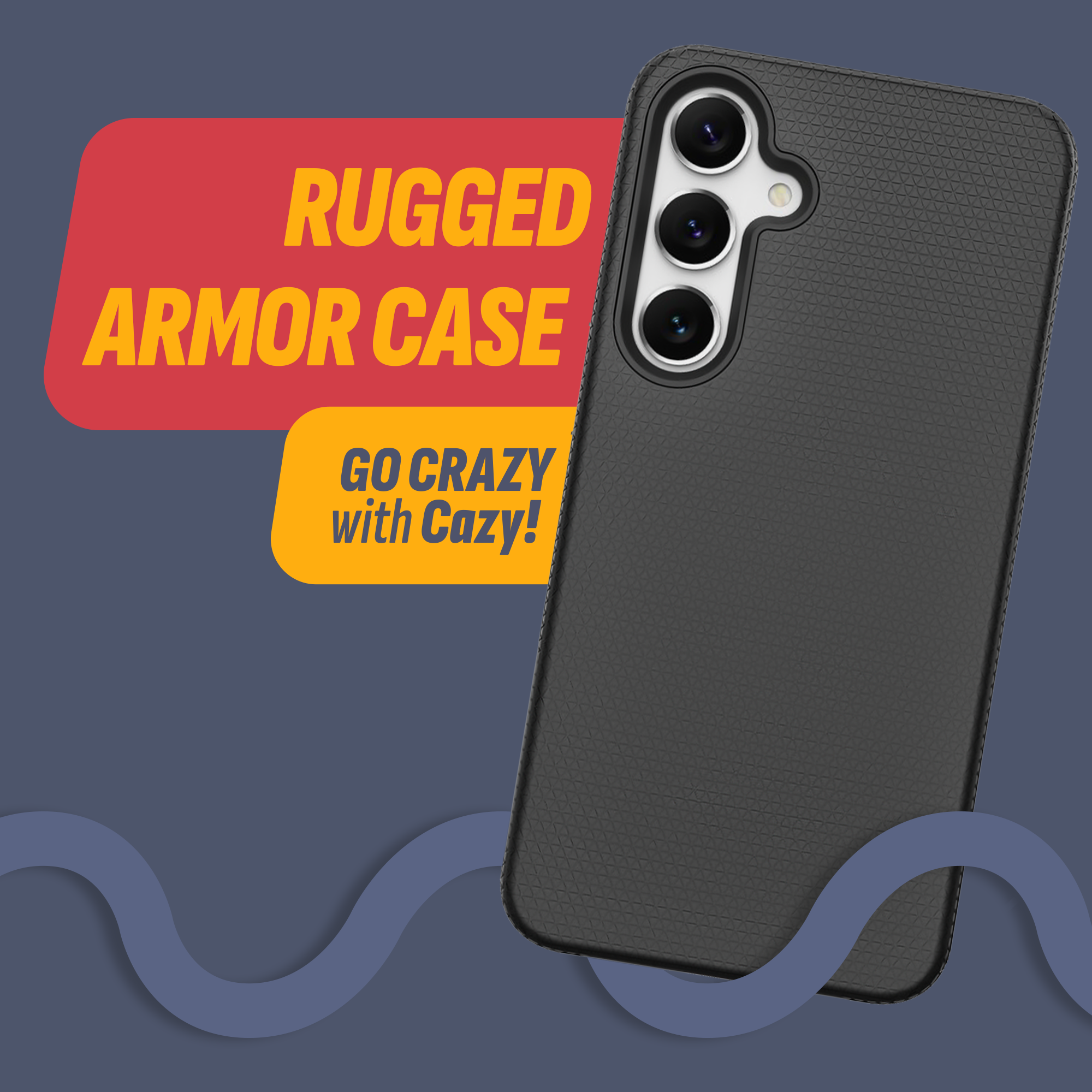Eine schwarze, robuste Handyhülle mit einem Telefon darin, mit dem Text 'Rugged Armor Case'.