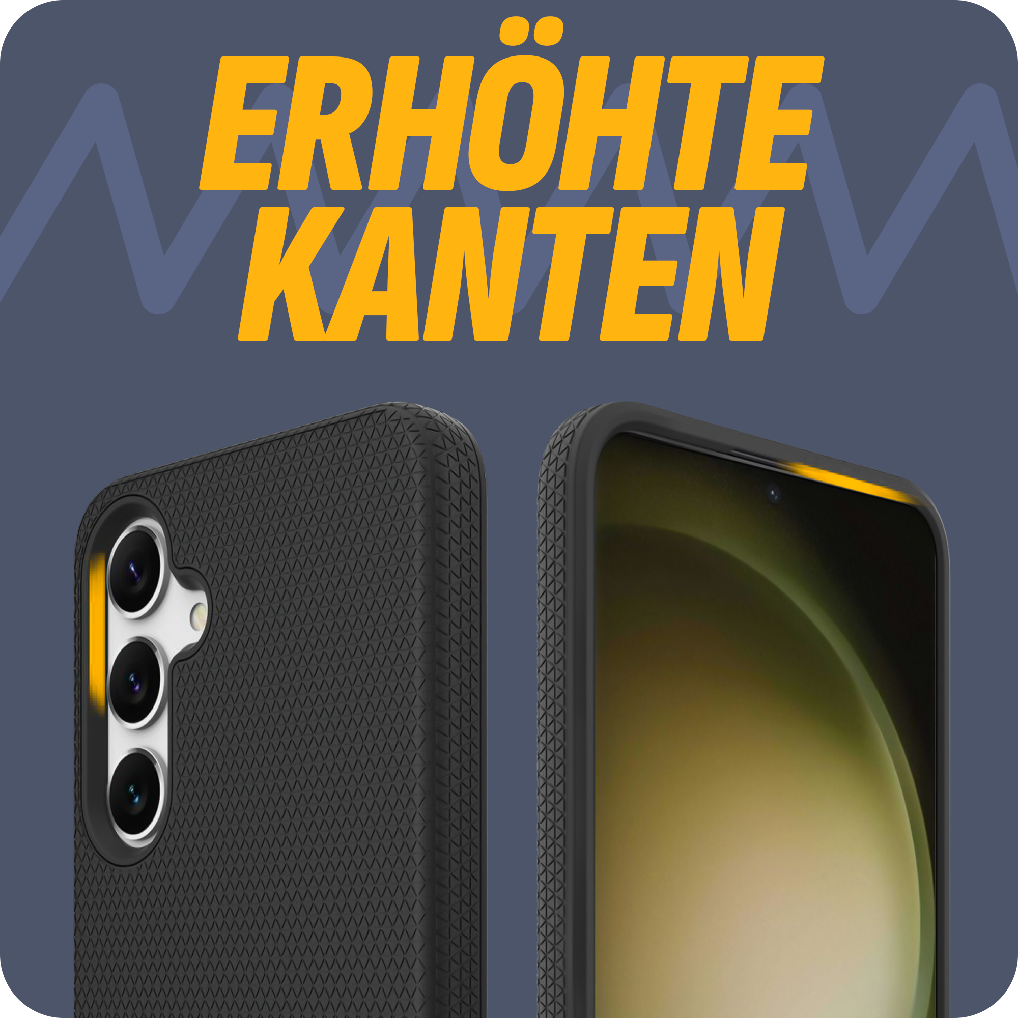 Handyhülle mit erhöhten Kanten. Schwarzes Gehäuse mit drei Kameras sichtbar.