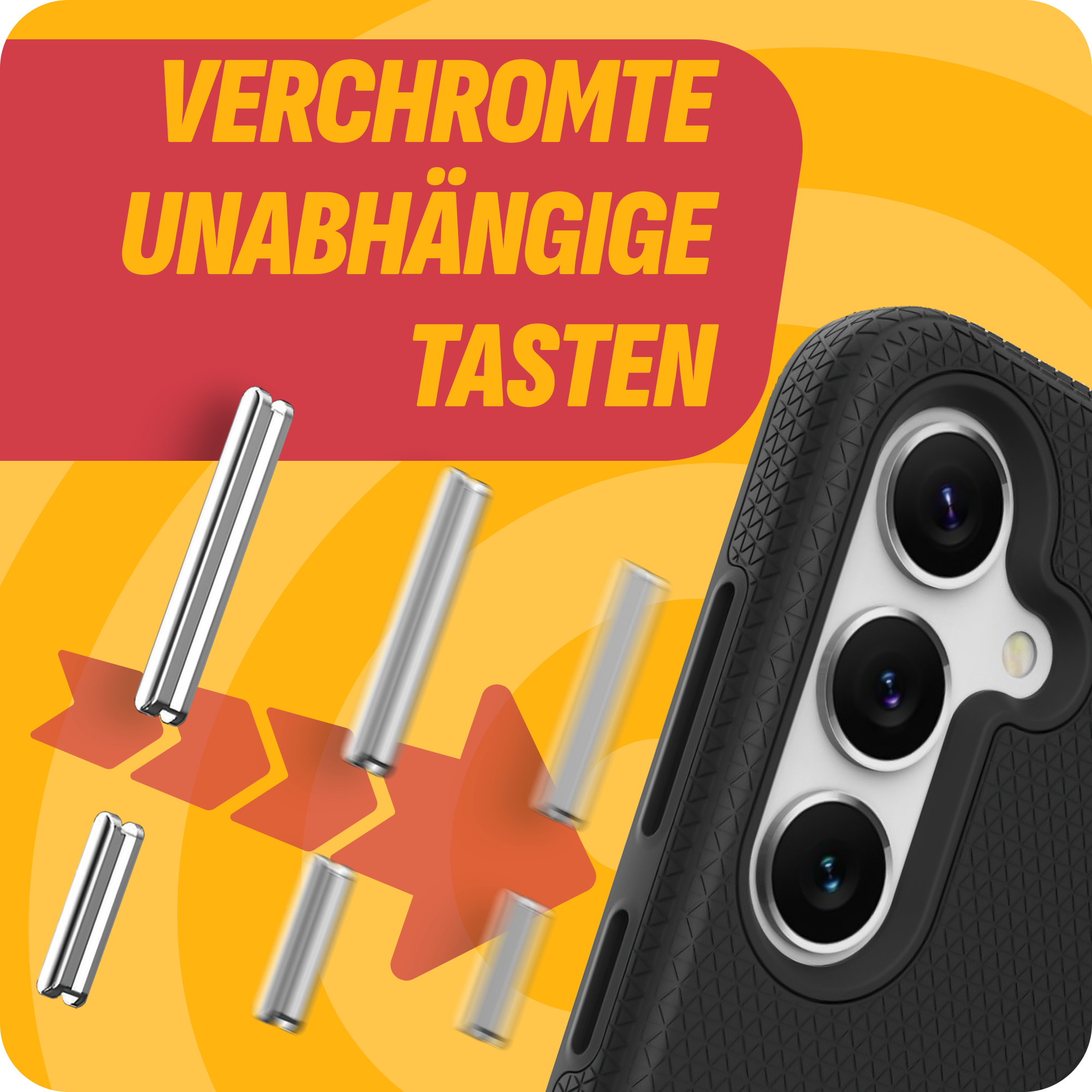 Eine Handyhülle mit chromartigen Knöpfen und einer schwarzen strukturierten Rückseite mit Kameramodul.