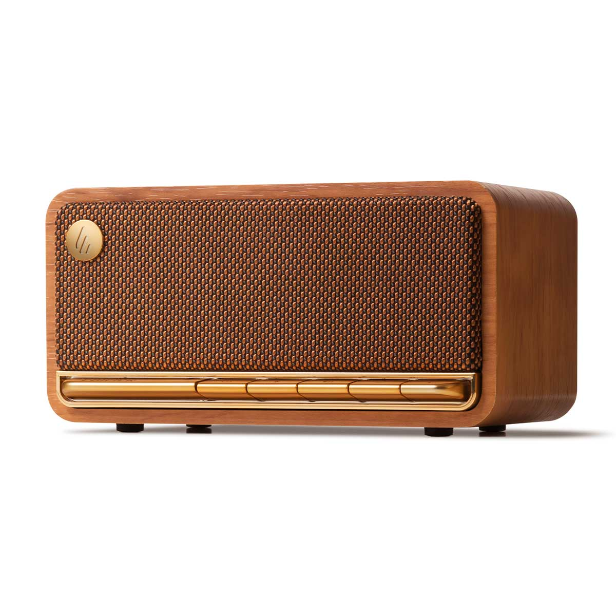 Drewniany głośnik w stylu retro z brązową siatką i złotymi akcentami.