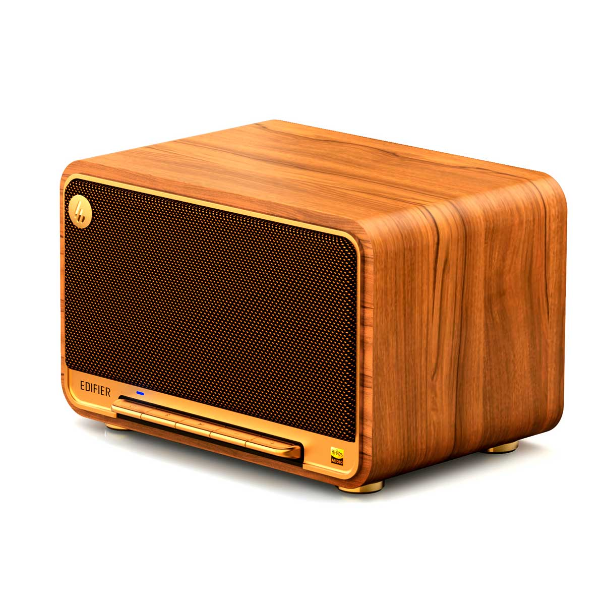 Drewniana obudowa głośnika z brązową kratką głośnika i złotymi akcentami. Widoczna jest nazwa marki.