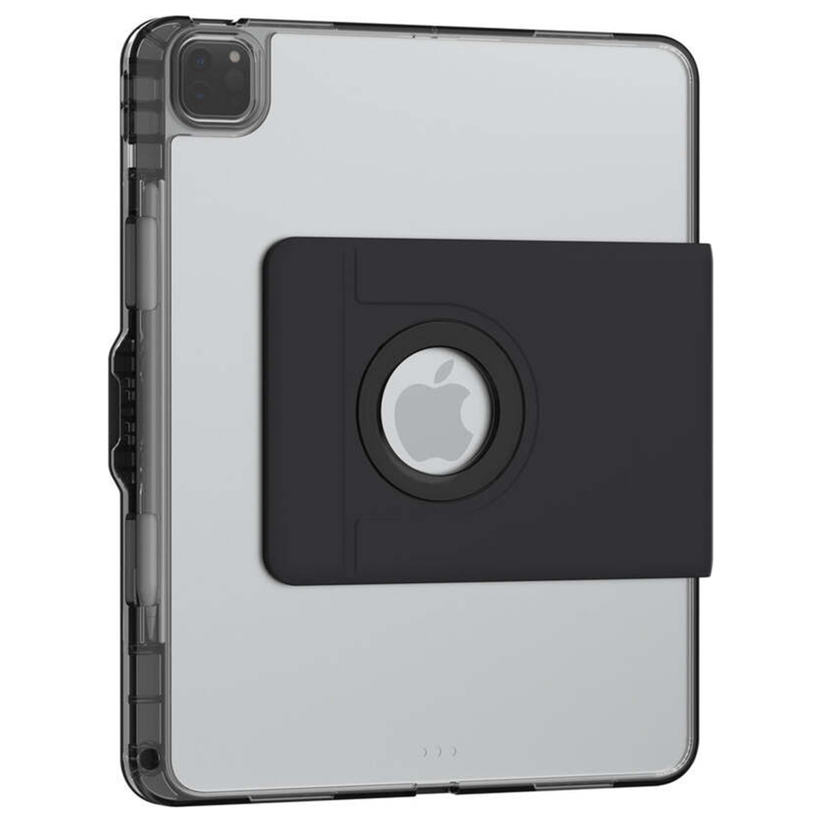 A transparent iPad case with a black stand and an Apple logo. The back is clear and the edges are dark.