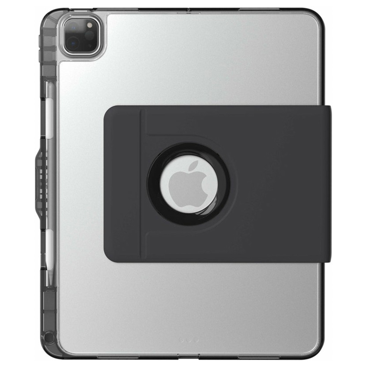 An iPad in a clear case with a black stand. Apple logo is visible.