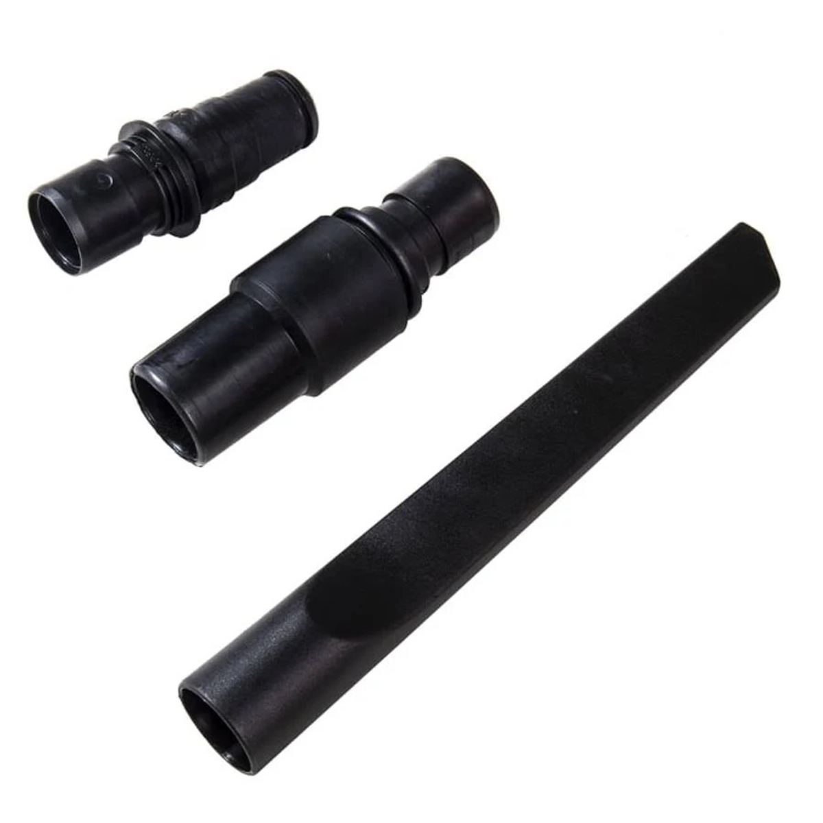 Accesorios de aspiradora negros sobre fondo blanco.