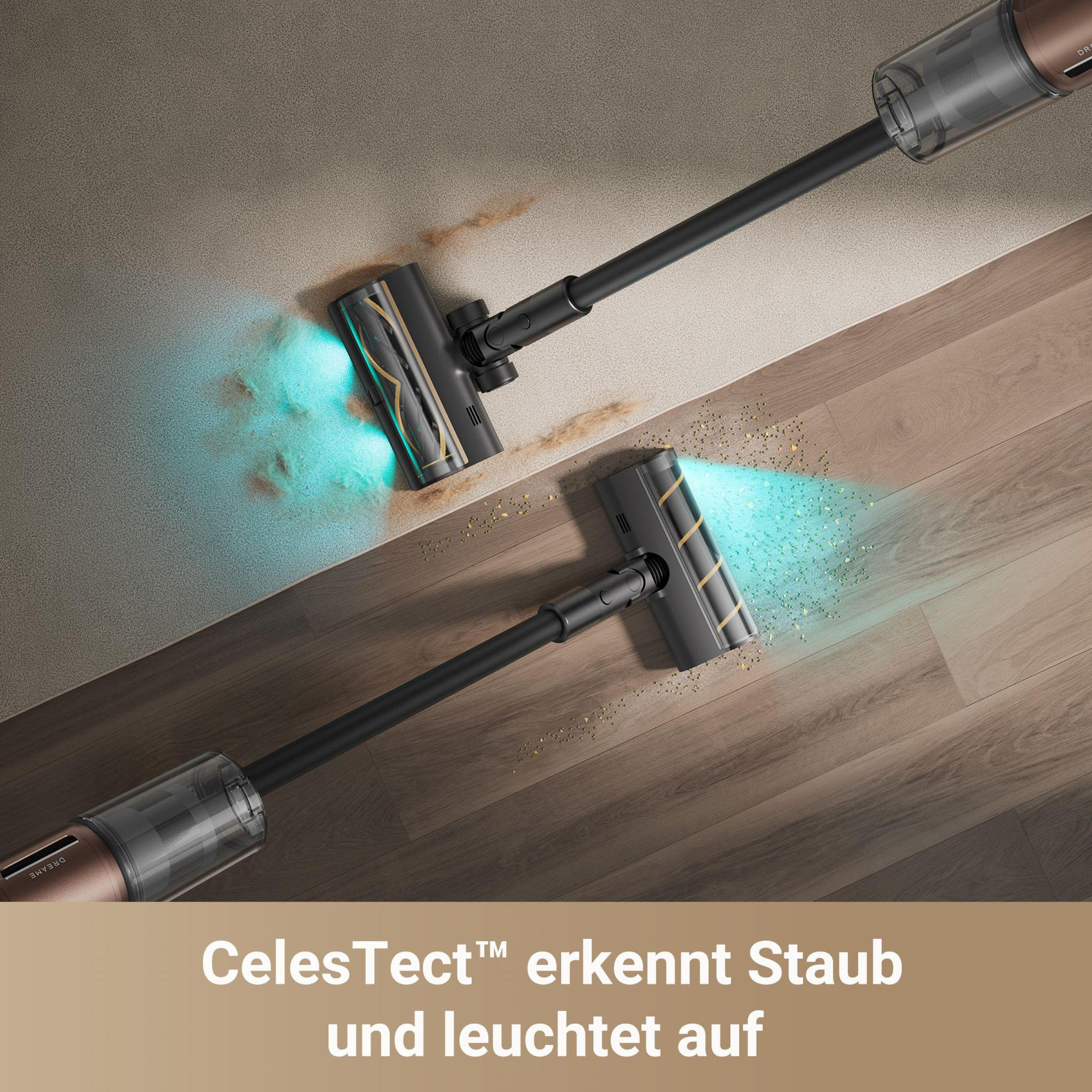 Dwa odkurzacze czyszczące podłogę, z niemieckim tekstem o wykrywaniu kurzu i oświetleniu.