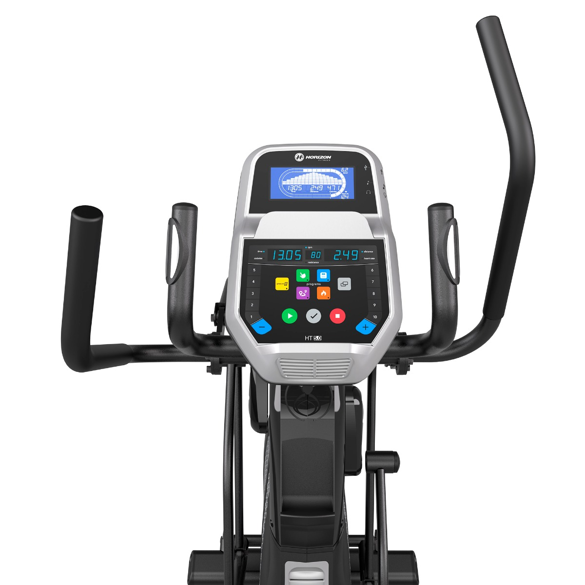 Consola de máquina elíptica con pantalla digital y manijas negras.