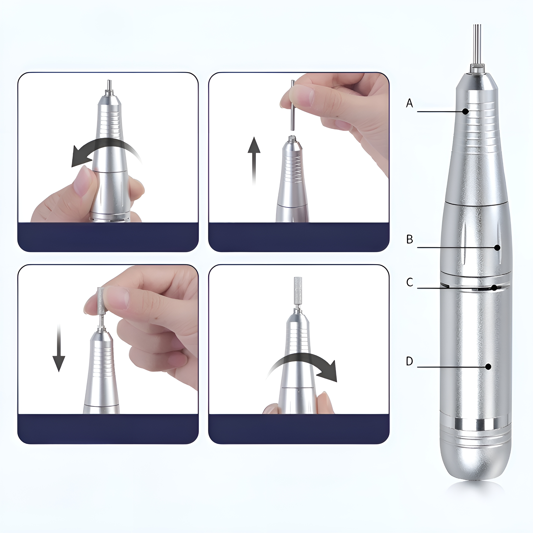 Silberner elektrischer Nagelfräser mit Diagrammen zum Bitwechsel. Etiketten A, B, C, D vorhanden.