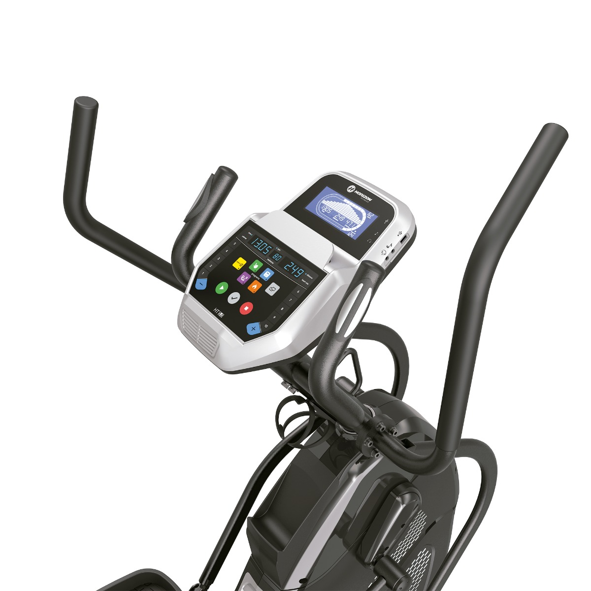 Consola de máquina de ejercicios con pantalla y manijas.