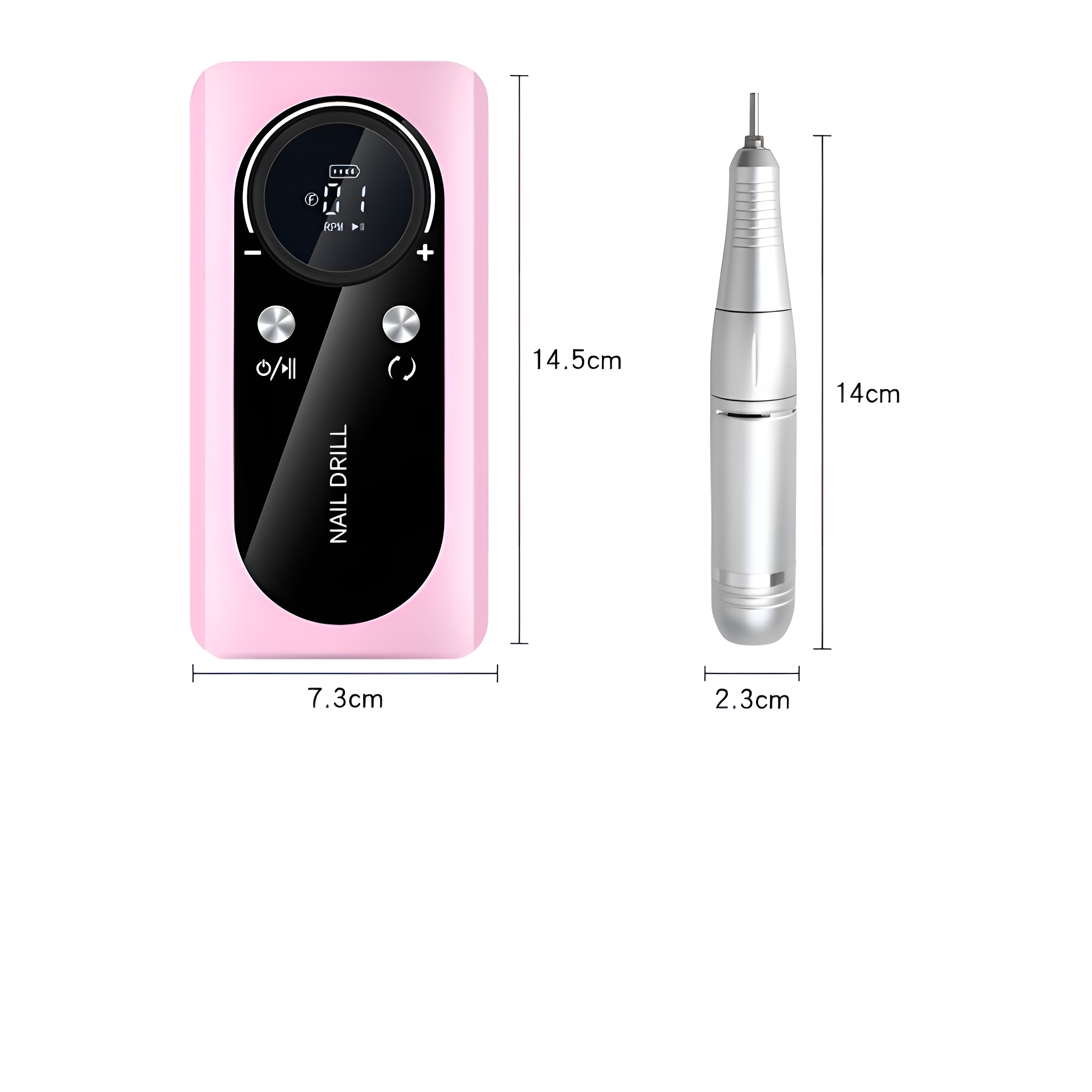 Rosa Nagelfräser mit Maßangaben, einschließlich digitaler Anzeige. Ein silberner Nagelfräser ist ebenfalls vorhanden.