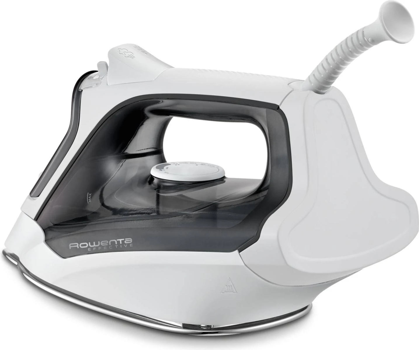 Białe i czarne żelazko z zakrzywioną rączką i zbiornikiem na wodę.