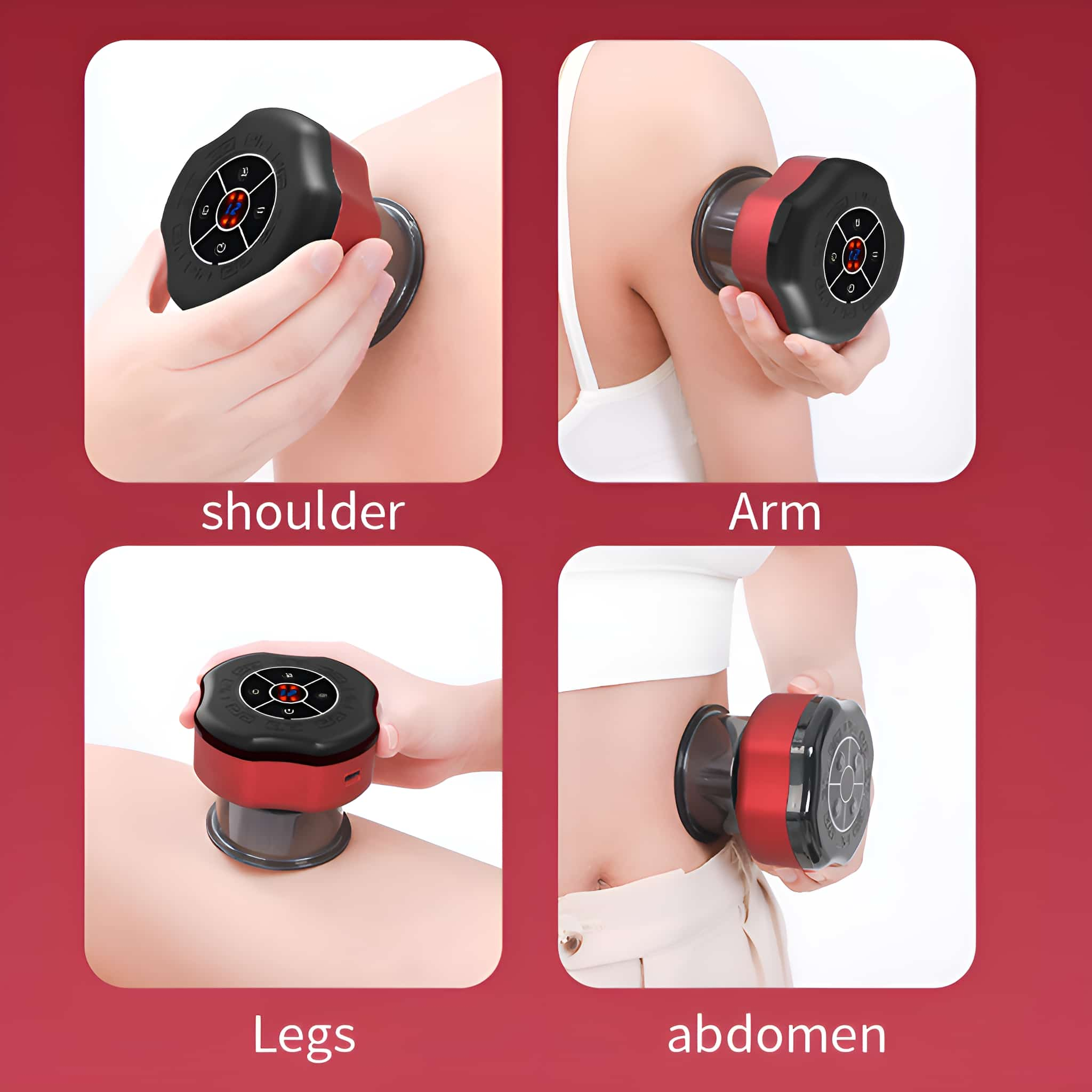 Vier Bilder, die ein Schröpftherapiegerät zeigen, das an Schulter, Arm, Beinen und Bauch verwendet wird.
