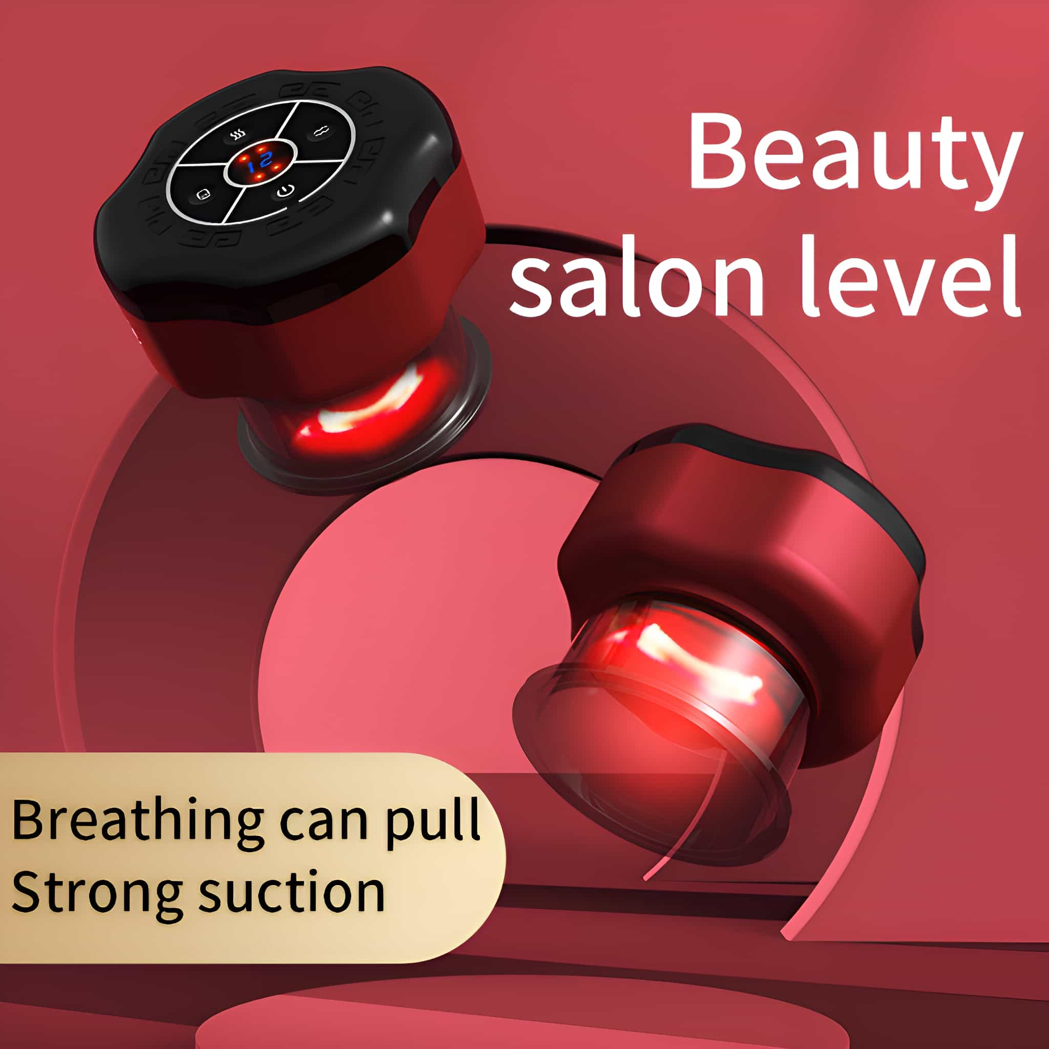 Zwei rote Saugvorrichtungen mit schwarzen Oberteilen; Text sagt 'Beauty salon level'.