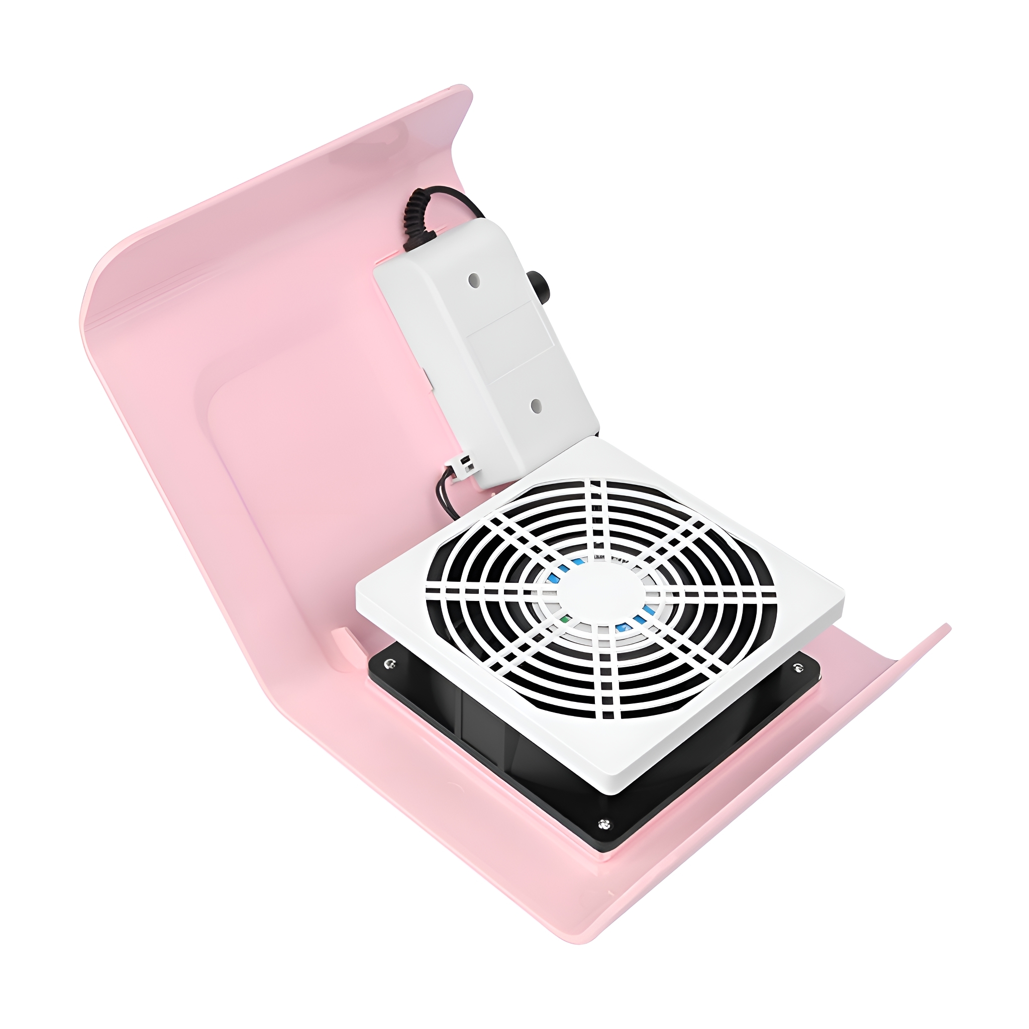 Ein rosa Nageldust-Kollektor mit Ventilator und weißem Filter, offen zur Verwendung.