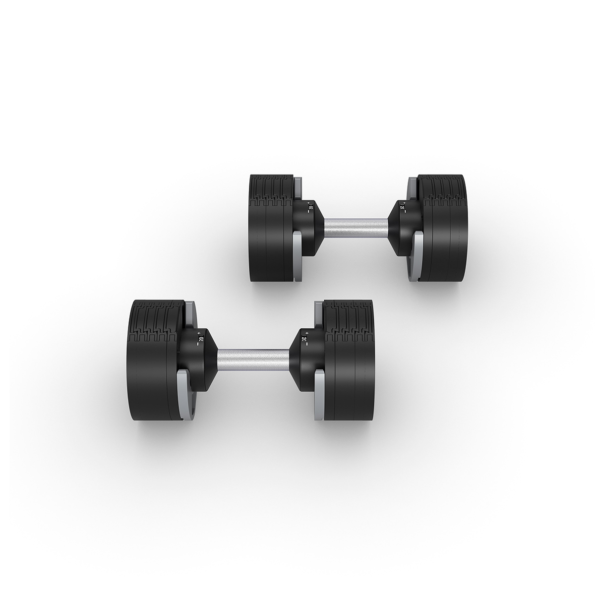 Twee zwarte dumbbells met verstelbare gewichtsinstellingen, zilveren staven, op een witte achtergrond.